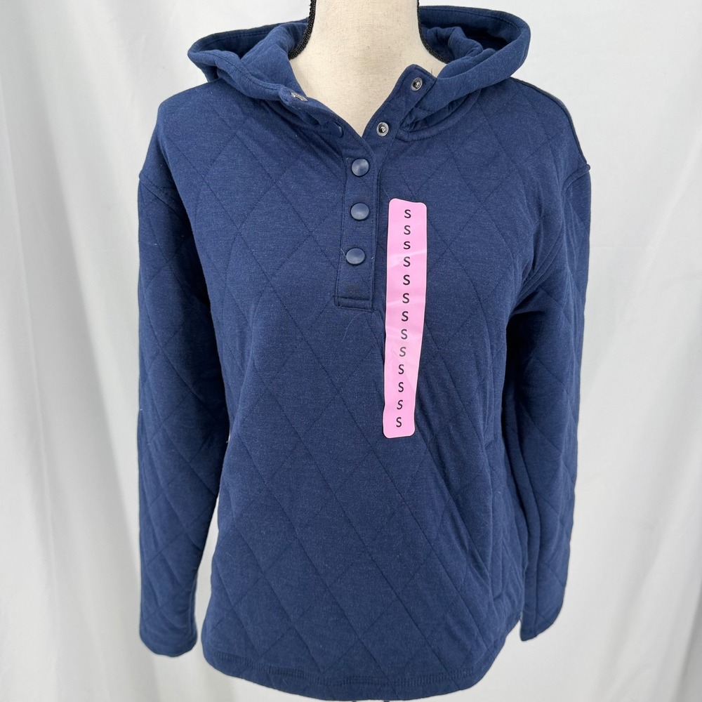 Lands End Womens Navy Blue Quilted Pullover Hoodie Snap Neck Sweatshirt Small